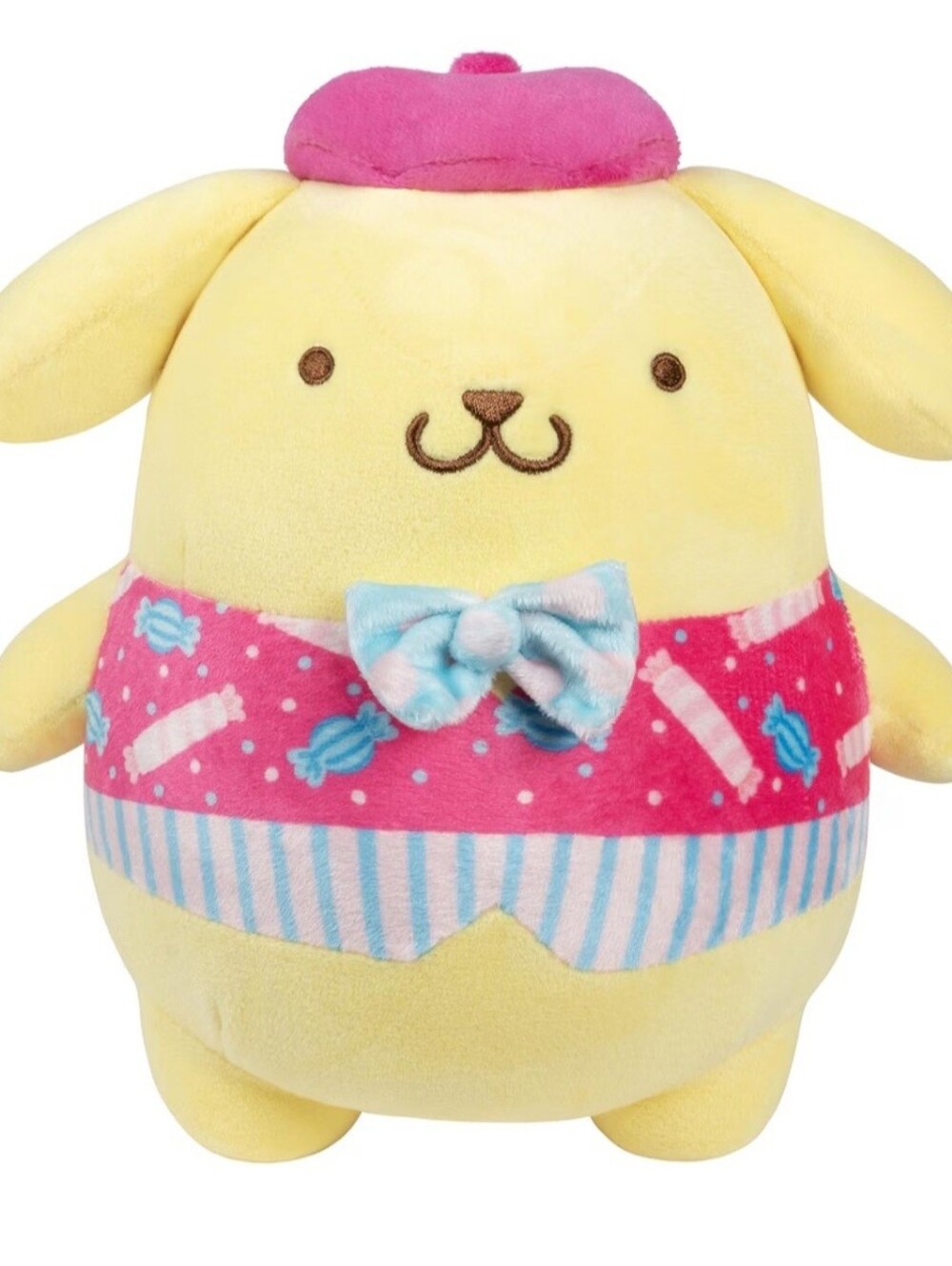 Sanrio Pompompurin Plush in Yellow with Pink Hat and Red-Pink Patterned Sash